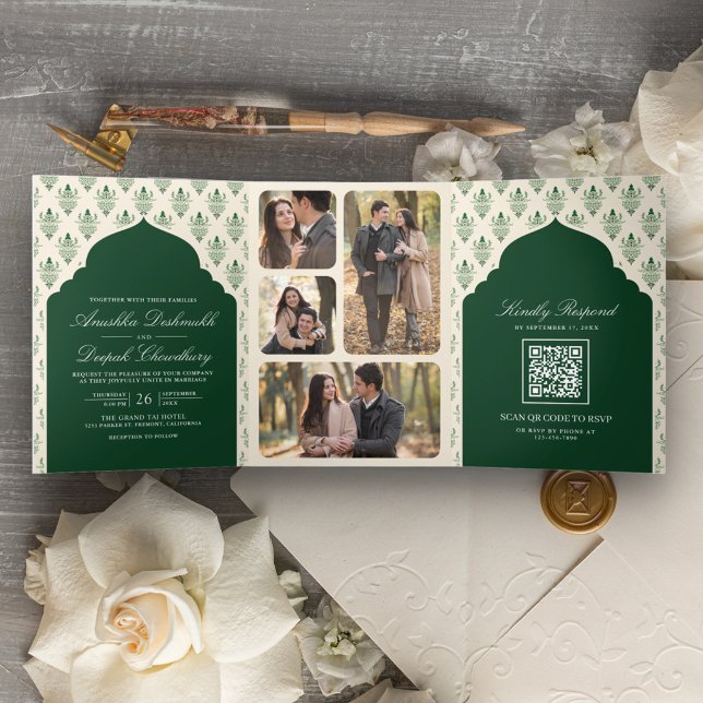 Invitation Trois Volets Emerald Green Cream Ikat All in One Mariage indien (Créateur téléchargé)