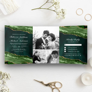 Invitation Trois Volets Emerald Green et Gold Agate Photo Collage Mariage