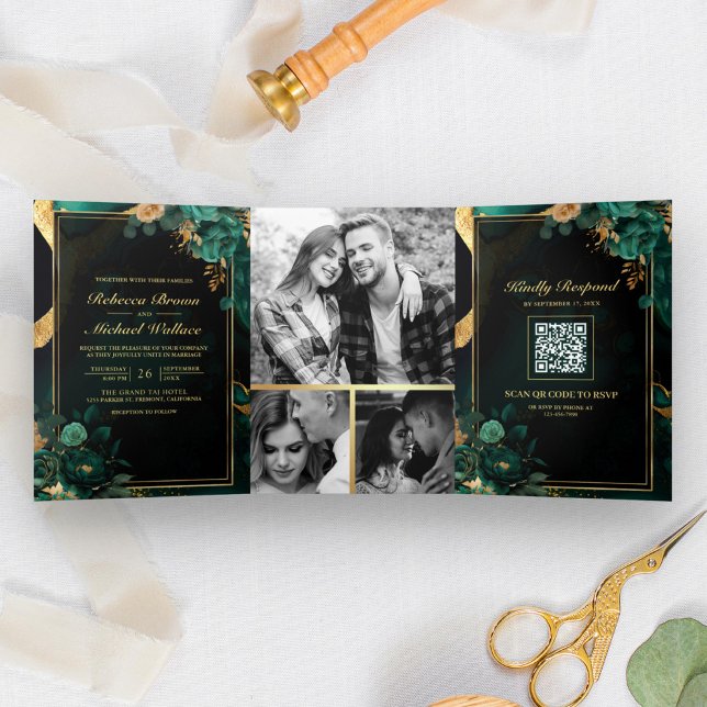 Invitation Trois Volets Emerald Green Floral Marbre QR Code Mariage (Créateur téléchargé)