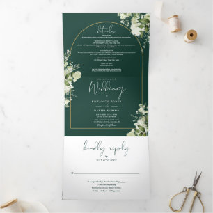 Invitation Trois Volets Emerald Green Gold Arch Greenery Mariage photo