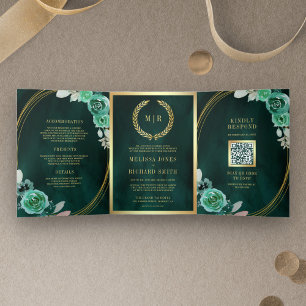 Invitation Trois Volets Emerald Green Roses tous en un Mariage de code QR