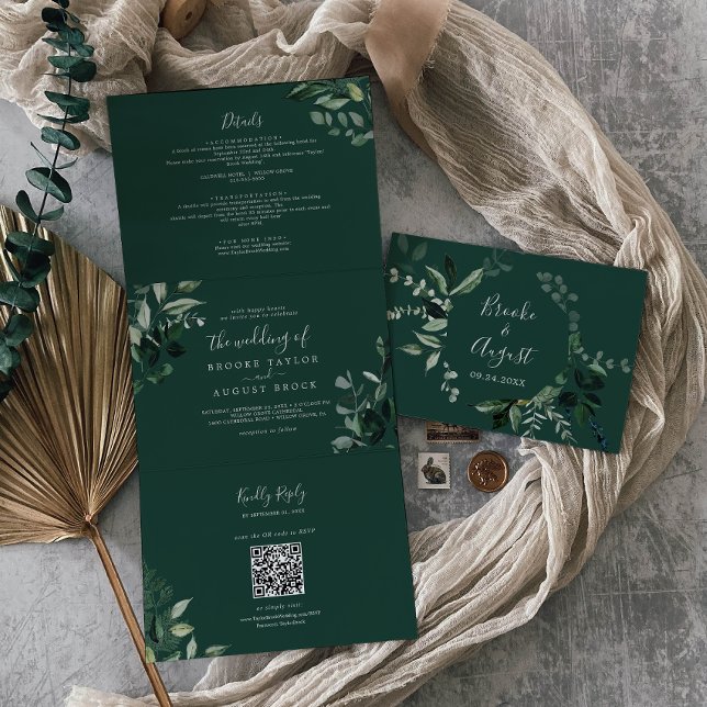 Invitation Trois Volets Émeraude | Photo verte Mariage de code QR (Créateur téléchargé)