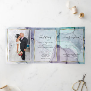 Invitation Trois Volets Encre Abstraite Améthyste Sarcelle Élégante