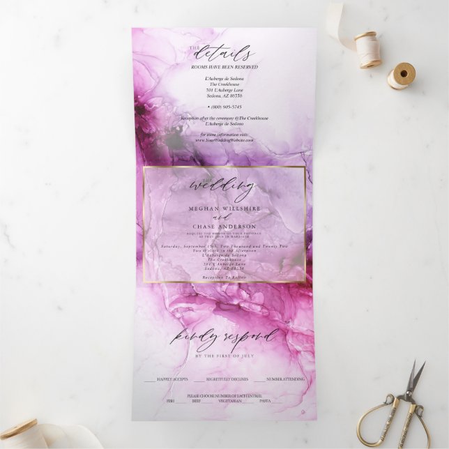 Invitation Trois Volets Encre abstraite fuchsia vibrante pour mariage (Intérieur)
