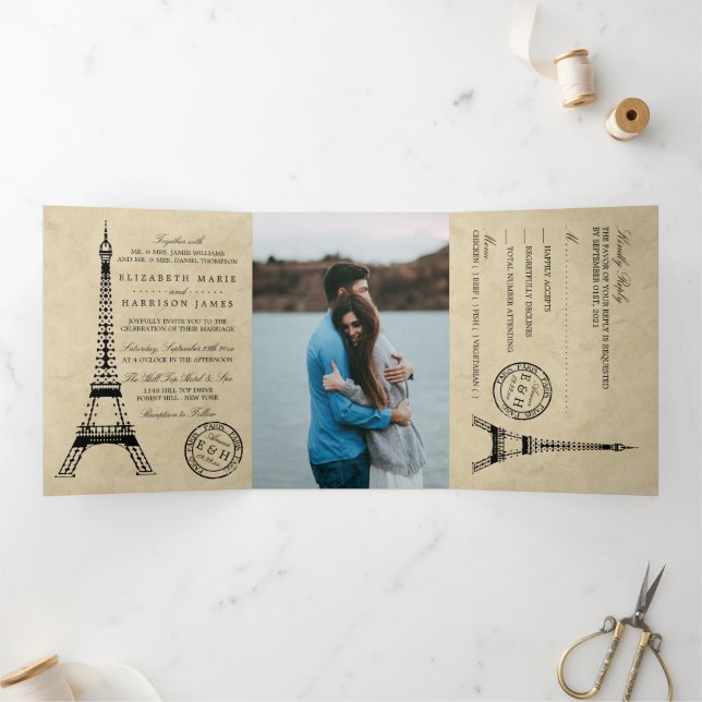 Invitation Trois Volets Ensemble de mariage avec oblitération de Paris et  (Intérieur)