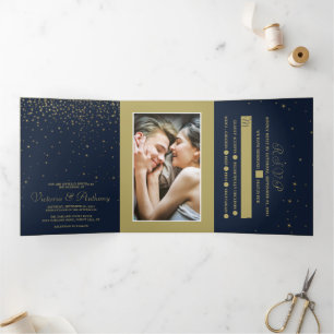 Invitation Trois Volets Ensemble de mariage Navy & Gold Elegant avec Etoil
