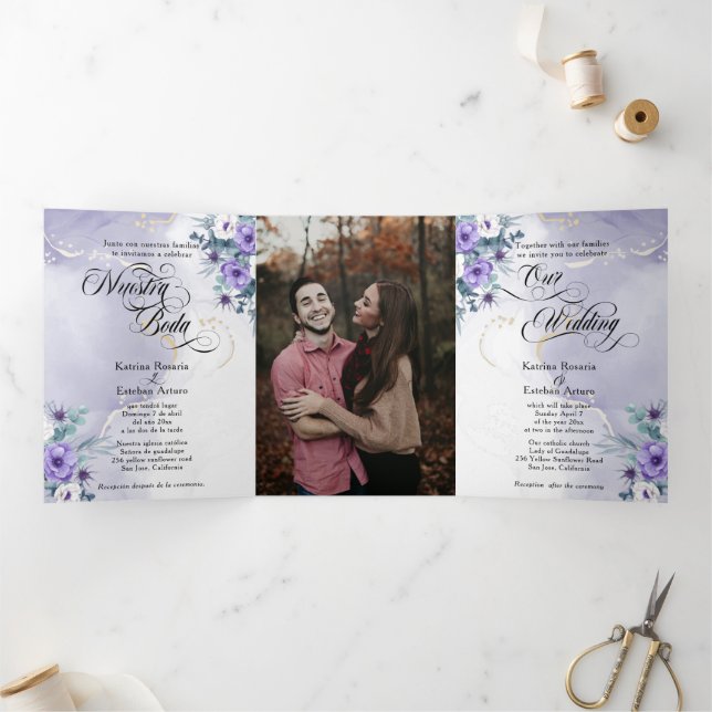 Invitation Trois Volets Espagnol Anglais Flores Moradas Fleurs pourpres Tr (Intérieur)