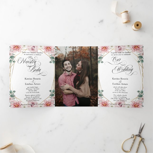Invitation Trois Volets Español Anglais Peonias Rosas Pink Peonies (Intérieur)