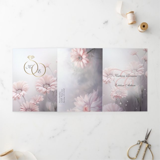 Invitation Trois Volets Español Français Rose Daisies Margaritas Rosas (Extérieur)