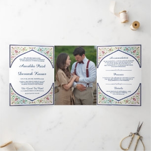 Invitation Trois Volets Ethnic Blue Ornate Floral Arch Mariage indien