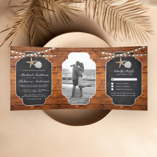 Invitation Trois Volets Étoile de mer tableau noir en bois Dollar de sable