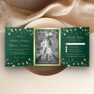 Invitation Trois Volets Étoiles de Confettis en Feuille d'Or Vert Émeraude