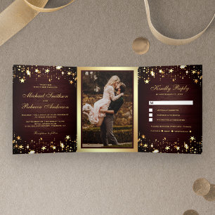Invitation Trois Volets Étoiles de papier d'or Confettis Grange rustique B