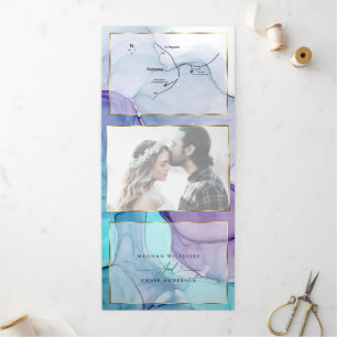 Invitation Trois Volets Etonnant Aqua Violet Abstrait Encre Tri-Pold