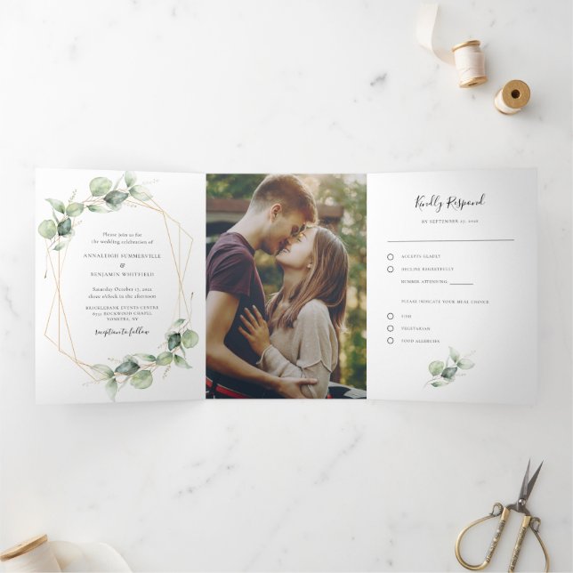 Invitation Trois Volets Eucalyptus Aquarelle photo Mariage tout en un (Intérieur)