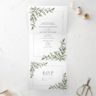 Invitation Trois Volets Eucalyptus Botanique Sage Vert Script Mariage Tri