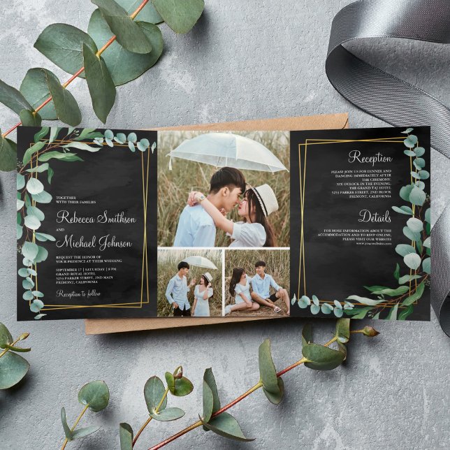 Invitation Trois Volets Eucalyptus Branche Black Gold Photo Collage Mariag (Créateur téléchargé)