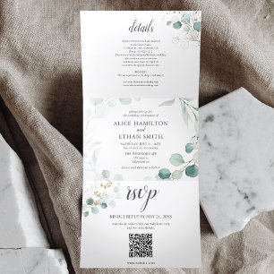 Invitation Trois Volets Eucalyptus Elégant Mariage de code QR