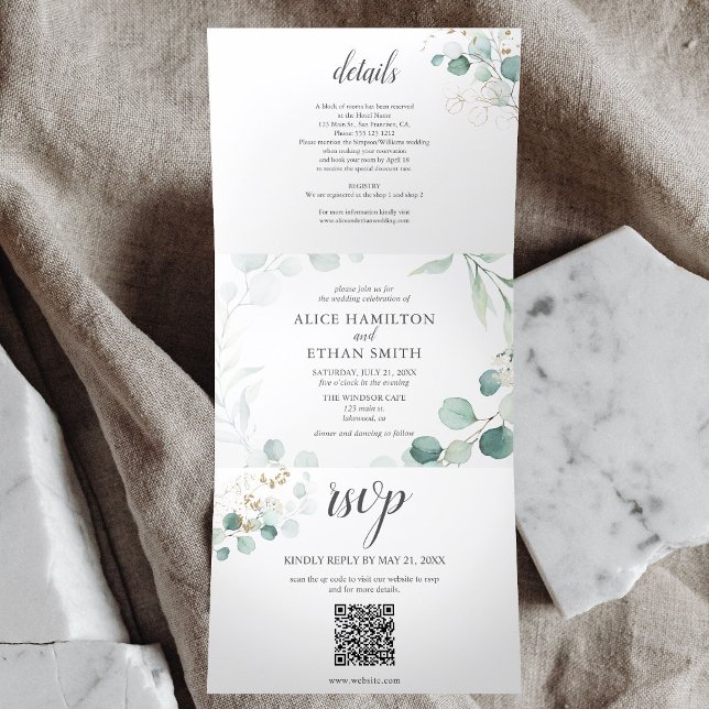 Invitation Trois Volets Eucalyptus Elégant Mariage de code QR (Créateur téléchargé)