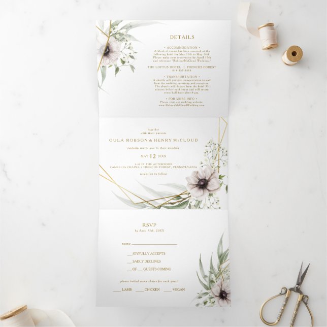 Invitation Trois Volets Eucalyptus Gold Mariage géométrique tout en un (Intérieur)
