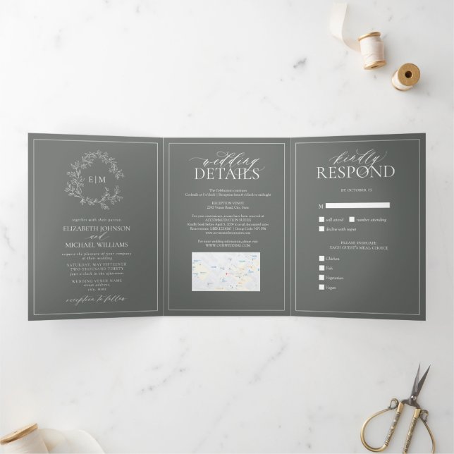 Invitation Trois Volets Eucalyptus Green Leafer Crest Monogram Mariage (Intérieur)
