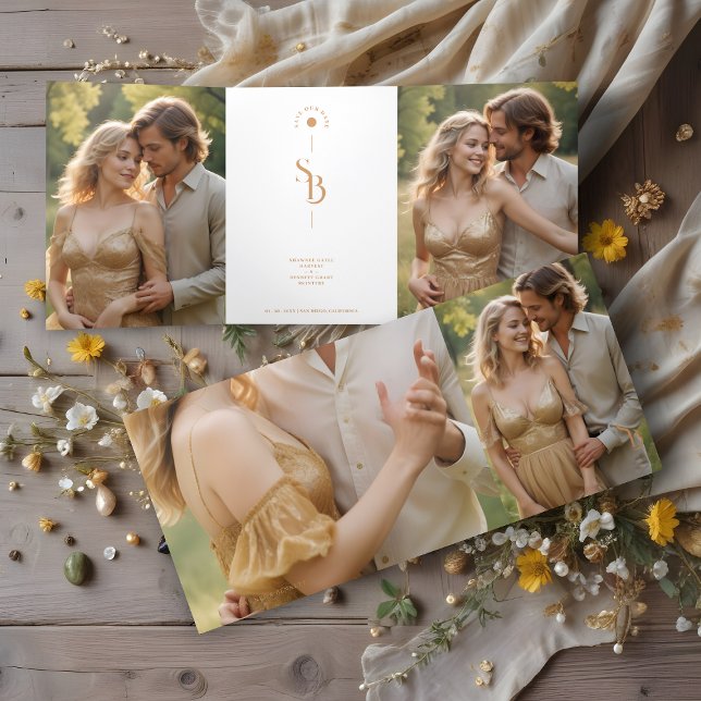 Invitation Trois Volets Exquisite Elegant Minimalist Gold Wedding Initials (Exquisite Elegant Minimalist Gold Effect Wedding Initials 4 Photos Save the Date Tri-Fold Card.)