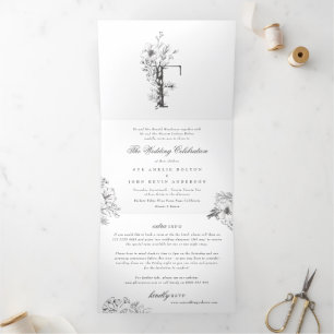 Invitation Trois Volets 'F' Monogramme Beau Mariage floral croisé