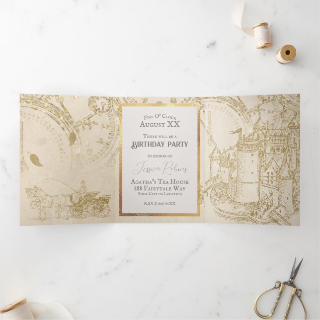 Invitation Trois Volets Fairy Tale Thème Château Carriage Parties scintill (Intérieur)