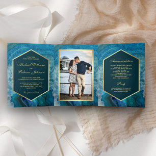 Invitation Trois Volets Faux Gold Foil Blue Agate Mariage Photo