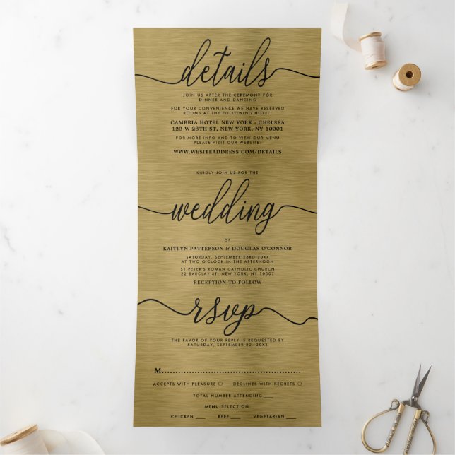 Invitation Trois Volets Faux Gold Metal Texture Mariage Suite (Intérieur)