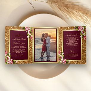 Invitation Trois Volets Faux or Glitter Sparkle Bourgogne Floral Mariage