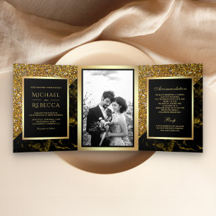Invitation Trois Volets Faux Or Pailleté Or Marbre Photo Mariage