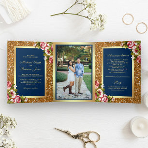 Invitation Trois Volets Faux Or Pailleté Paillettes Floral Bleu Marine Mar