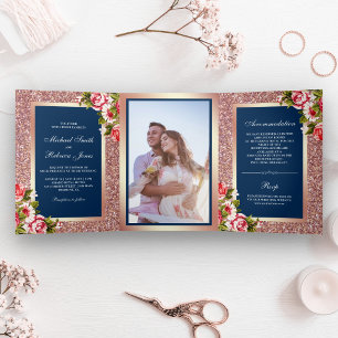 Invitation Trois Volets Faux or rose pailleté scintillant floral mariage b