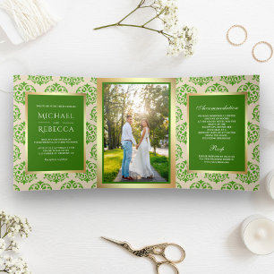Invitation Trois Volets Faux papier doré vert damassé pour photo de mariag