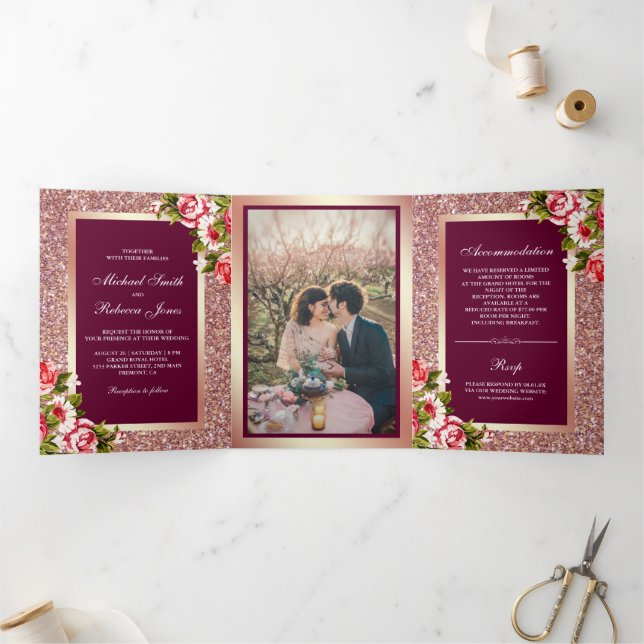 Invitation Trois Volets Faux Rose Parties scintillant or étincelante rose  (Intérieur)