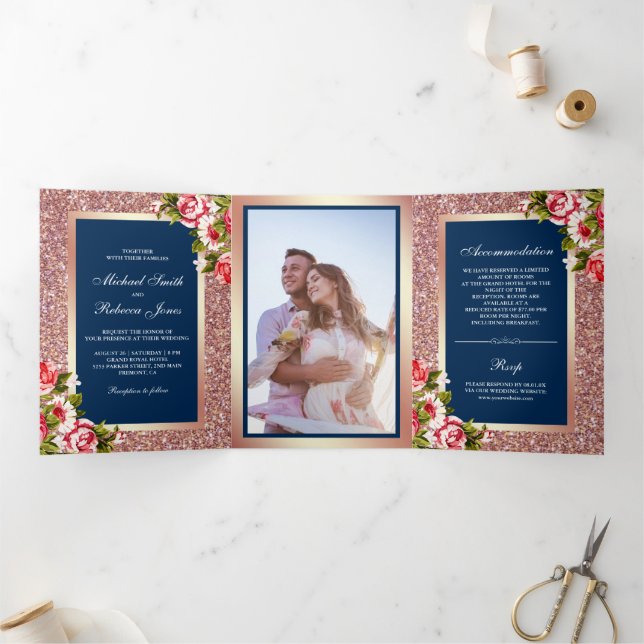 Invitation Trois Volets Faux Rose Parties scintillant or étincelle Mariage (Intérieur)