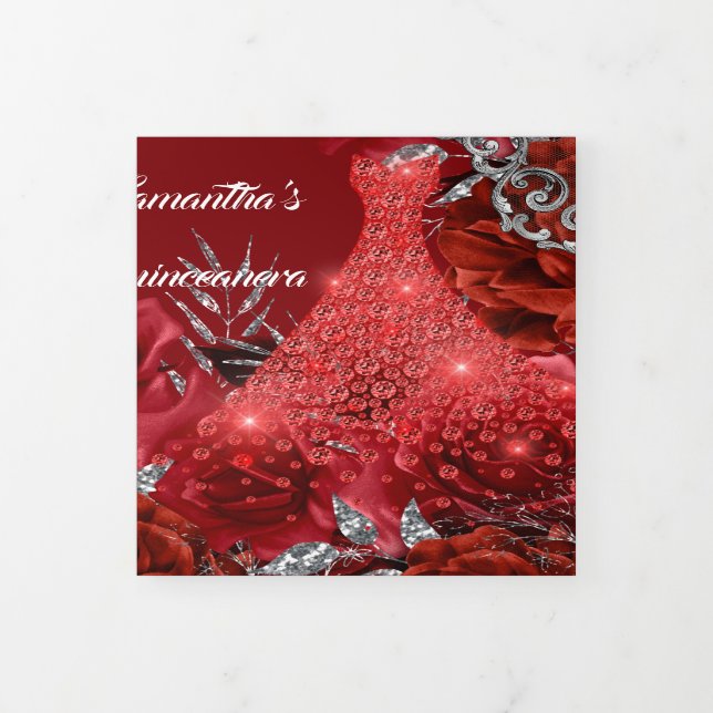 Invitation Trois Volets FEMMES roses en argent rouge PHOTO anniversaire fl (Protection)