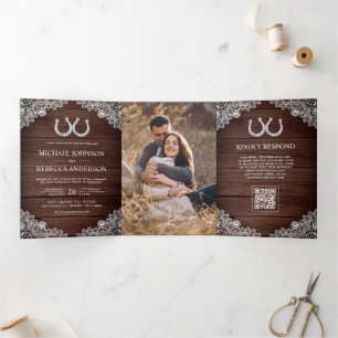 Invitation Trois Volets Fers à Cheval en Bois Rustique Mariage Code QR Pho