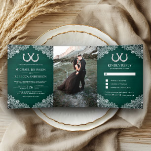 Invitation Trois Volets Fers à cheval en bois vert sarcelle Mariage Photo