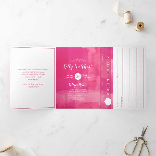 Invitation Trois Volets Fête des mariées Fuchsia Potluck avec carte de rec (Intérieur)