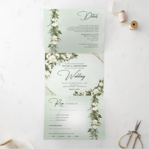 Invitation Trois Volets Feuillage vert foncé olivier roses blanches tout e