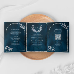 Invitation Trois Volets Feuille de la couronne d'argent Laurel Mariage bl