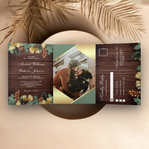 Invitation Trois Volets Feuille de Tropical Géométrique en Papier D'or Pho
