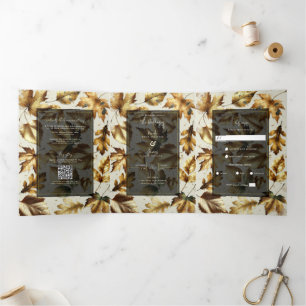 Invitation Trois Volets Feuille d'or Mariage de automne d'amande beige et 
