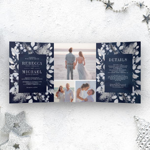 Invitation Trois Volets Feuilles aquarelle bleu poussiéreux Mariage hivern