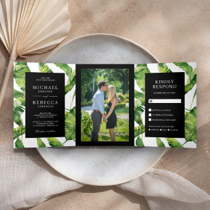 Invitation Trois Volets Feuilles de bananier vert et noir Mariage tropical