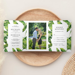 Invitation Trois Volets Feuilles de Bananier Vertes et Blanches Mariage Tr