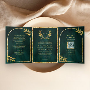 Invitation Trois Volets Feuilles de couronnes d'or Emerald Green Mariage