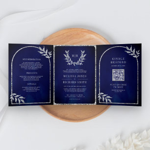 Invitation Trois Volets Feuilles de laurier argent Couronne Mariage Bleu R